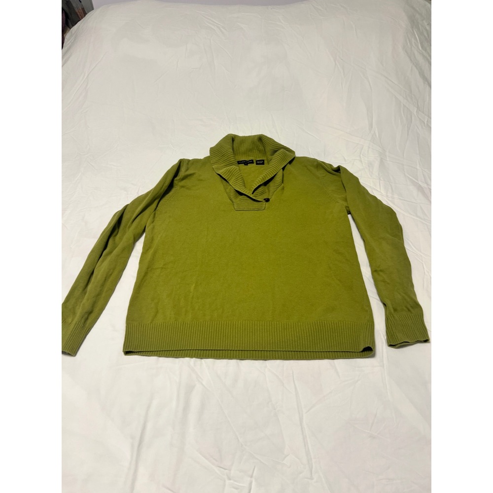 Jeanne Pierre Womens Olive Green Shawl Collar 100% Cotton Knit Sweater Large